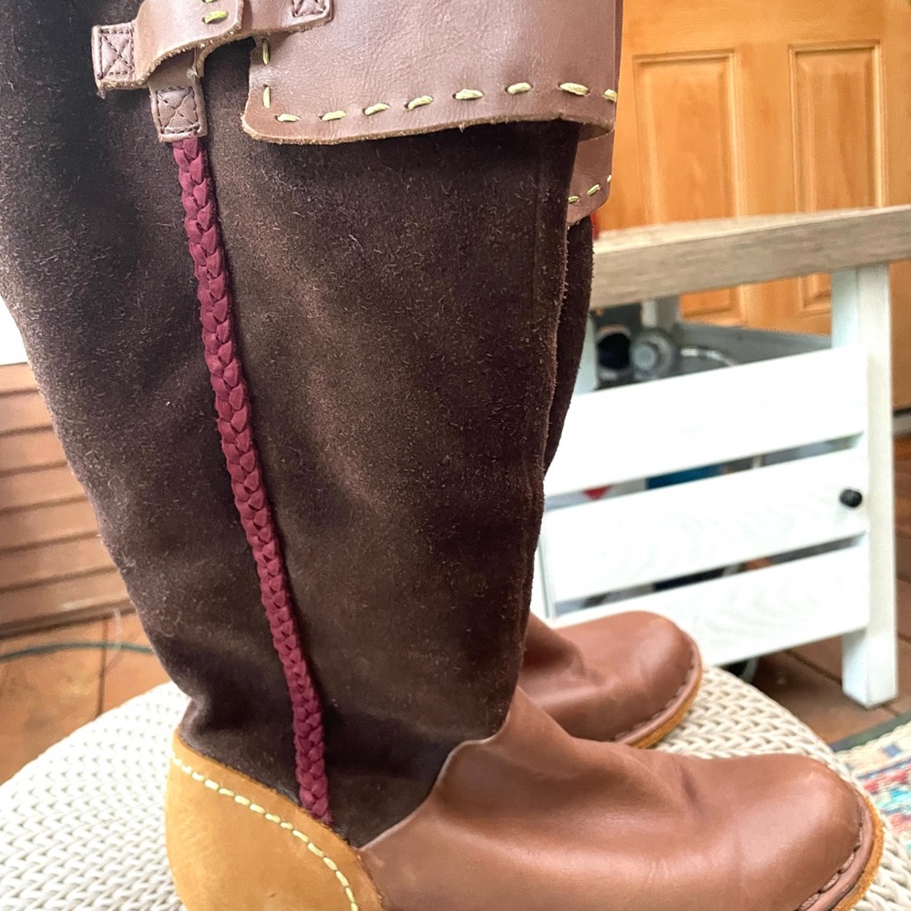 Brown Leather and Suede Boots with Red Accent